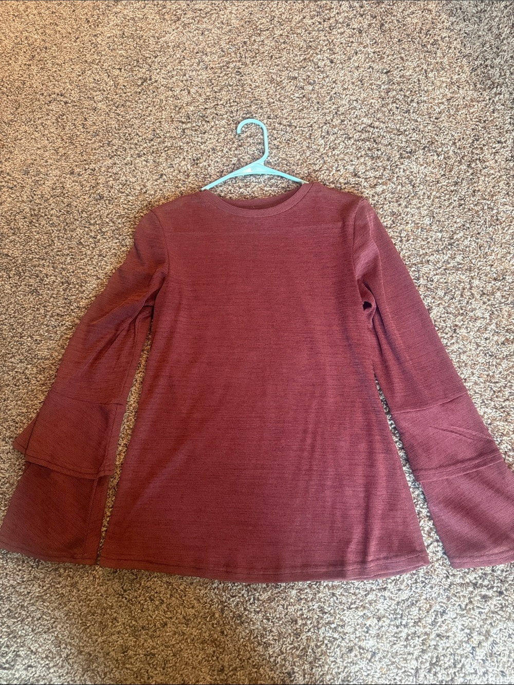 Long Sleeve Ruffle Sleeve Tee in Rust